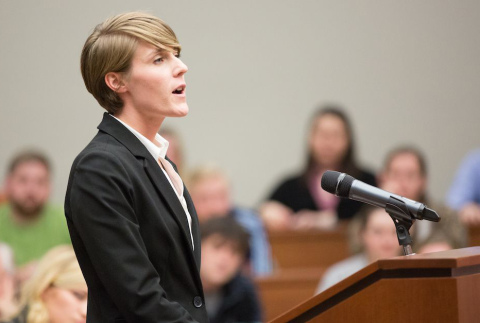 Hallie Hamilton participates in a law school competition at Creighton University. She graduated from law school and now works as a law clerk in Omaha.