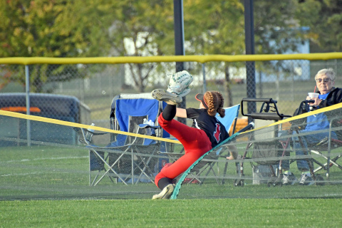 Aurora’s Hannah Janda makes an incredible diving save into the wall, keeping a two-run homer off the books in a 10-0 win against Blue River Monday in the B-7 subdistrict tournament. 
