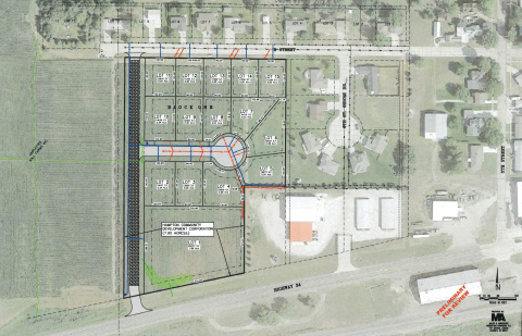 A preliminary plat map of a 7.95-acre development along Hampton’s west edge was revealed Monday, showing 14 housing lots and either one or two commercial lots along Highway 34.