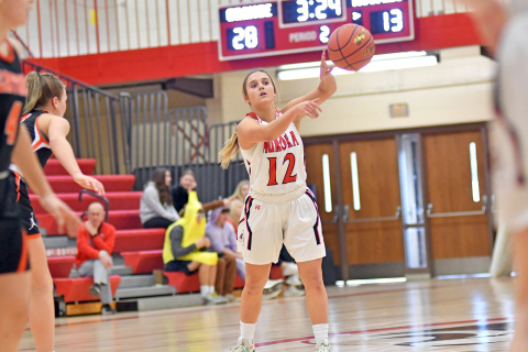 Aurora’s Reagan Ashby passes the ball around the horn in a game earlier this season. 
