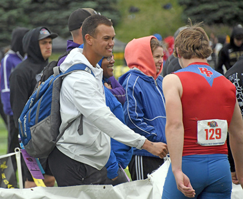 Darius Williams, shown here at the 2022 state track and field championships with former Storm athlete Trevor Carlstrom, takes over as head coach for the HPC track team. 