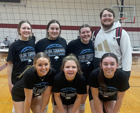 Blue Thunder players pictured front from left: Kinley Kaczor, Karly Eastman and Allyse Evans. Back row: Lily Elsbury, Kailyn Wilson,  Bailee Larson and 15 and 17 team coach Braeden Mlinar. The teams are divided into ages groups for 11 and under, two 13-year-old groups, a 15-year-old group and 17-year-old group. 