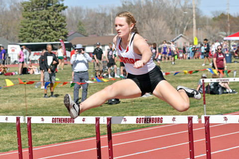 Eva Fahrnbruch soars over the second-to-last hurdle during the 100 preliminaries at Gothenburg’s Dutch Zorn Invite Thursday. Fahrnbruch went on to set new PRs in both the 100 and 300 hurdles, 16.64 and 47.39. 