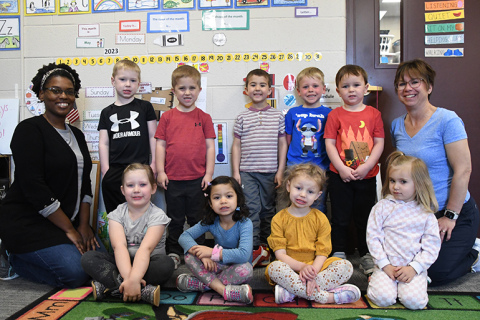 An United Aurora Methodist TLC preschool class pictured front from left: Brexley Kunze, Elizabeth Weir, Rory Luhn and Leightyn Jensen. Back row, TLC assistant teacher Erin Sams, Jaxton Kunze, Cooper Vettel, Traxton Perry, Jack Danhauer, Jameson Griffin and TLC preschool director Sara Willis. TLC is adding two Friday classes this fall due to an expanding number of children on the waiting list.