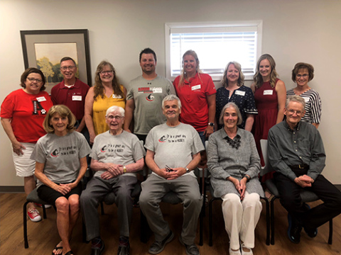 Several Eloe family members gathered with winners of the William and Delight Eloe Award Friday. Pictured front from left are Beth Eloe-Reep, Howard Eloe, Paul Eloe, Julie Taylor, Bill Eloe. Back row, from left, with the year they received the Eloe Award in parenthesis are: Laurie Anderson (2018), Doug Monson (2020), Karrie Wiarda (2014), Jason Frew (2017), Jessica Gallagher (2015), Amy Wilson (2016), Haley Sigler (2023), Maggie Rasmussen (2012). Eloe award recipients not pictured include Randy Maahs (2022),