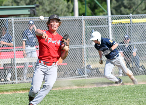 Collin Stolpe fields a short grounder from the pitcher’s mound and fires to first during Aurora’s 7-6 loss to York May 31. 
