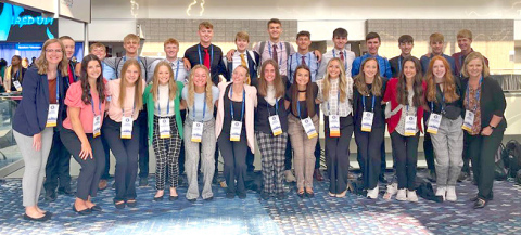 Members of the Aurora High School chapter of the Future Business Leaders of America (FBLA) recently attended the 2023 National Leadership Conference in Atlanta, Ga. In front, from left, are adviser Lydia Behnk, Aleah Vinkenberg, Jenna Carlson, Eva Fahrnbruch, Kasey Schuster, Addi Fahrnbruch, Piper Oswald, Morgan Calkins, Mayzi Retzlaff, Ashlyn Kottwitz, Kendal Wineteer and adviser Lois Hixson. Back row, Max Penner, Ryan Staehr, Carsen Staehr, Drew Knust, Camden Holliday, Graham Christenson, Ethan Ramaekers,