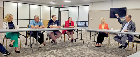 Bryan Slone, president of the Nebraska Chamber of Commerce talks to community leaders in Aurora Thursday morning. The forum touched on topics such as housing, workforce, economics and even immigration. 