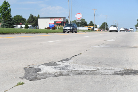 PIctured here is one of many spots reflecting deterioration of the outer lanes of Highway 34 running through Aurora. State officials projected that the road would “fail” by 2028-30, prompting a need to rebuild it.