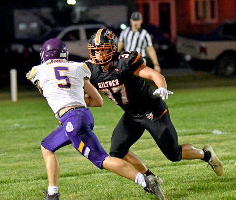 Giltner's Taylor Smith makes the pursuit tackle during Giltner's game against Deshler Friday. 