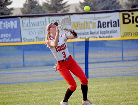 Adi Fahrnbruch hauls in a fly ball to left field during Aurora’s 11-1 win over Centennial Thursday. 