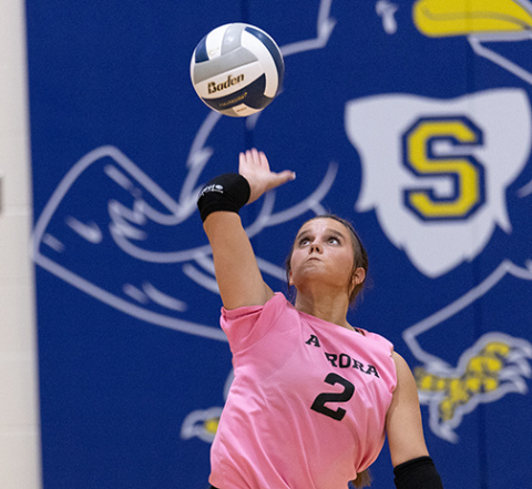 Aurora junior Reagan Ashby, shown here serving against Seward last week, set a new single match school record in a four-set win over Hastings with 50 digs. 