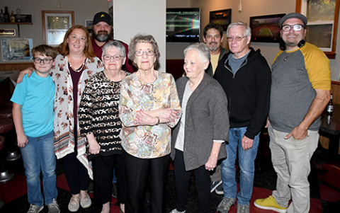 Family members of the Grandview Cafe’s original owners, Everett and Doris Blackburn, gathered for a celebration on the opening’s 70th anniversary. Pictured from left are Anthony, Laura and Chase Smith (representing the late Monty Blackburn); Donna Goertzen, family friend Janet Grosshans, Gay (Blackburn) Johnston, Troy Goertzen, John Johnston and George Brosman.