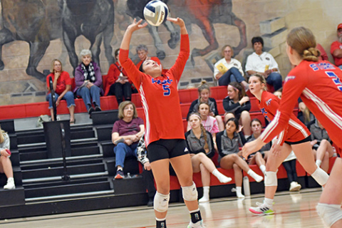 Gahvi Lesiak sets up her teammates offensively during HPC’s four-set win over Nebraska Lutheran Monday night in the D2-4 subdistrict. 