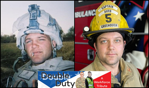 Tanner Greenough, seen on the left in Afghanistan during his service with the U.S. Marines and at right in his bunker gear as a captain on the Aurora Volunteer Fire Department, served the past two years as EMS supervisor for the Aurora Fire Department and Ambulance Service.  