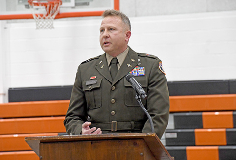 Matt Greathouse, a full-time flight instructor for CH-47 helicopter pilots with the Nebraska National Guard was the speaker for the Giltner School Veterans Day program on Nov. 7.