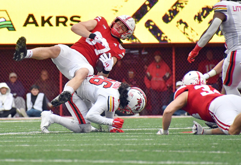 Nate Boerkircher is brought to the ground after successfully carrying out a fake punt on Nebraska’s first offensive series. 