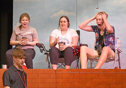 Actors playing overly involved sports parents include, from left: Karly Eastman, Kailyn Wilson, and Ayden Scott.