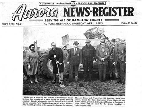 A front page photo in the April 15, 1973 News-Register shows Cliff Williams, president of International Sensor Systems, breaking ground for the ISSI plant in the Aurora Industrial Park.