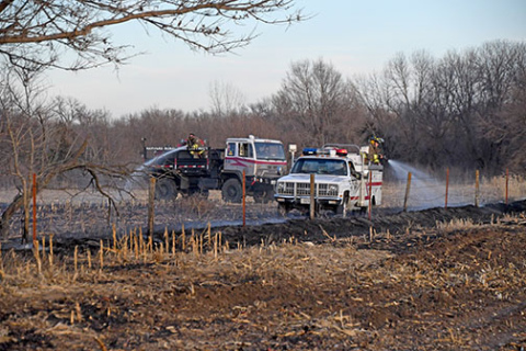 Firefighters spray water on the burned area to extinguish hot spots.