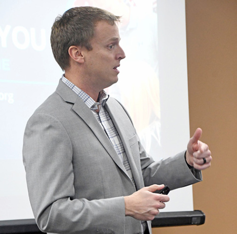 Scott Phillips outlines to the Aurora Rotary Club his plans and goals for his year of representing the state and Aurora as the 2024 Nebraska Teacher of the Year. 