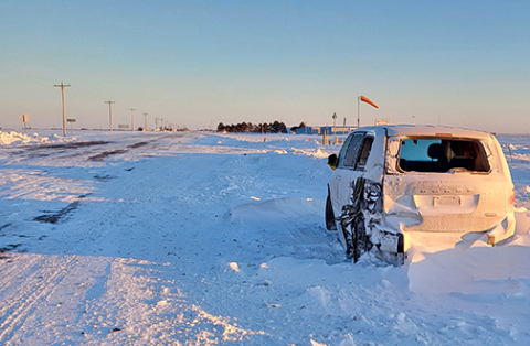 This wrecked minivan parked along Highway 14 near the Aurora Cemetery on Friday morning was one of several vehicles involved in a pileup caused by Thursday afternoon’s surprise snow squall that blew through this area. As many as a dozen cars were damaged in several multi-vehicle collisions 