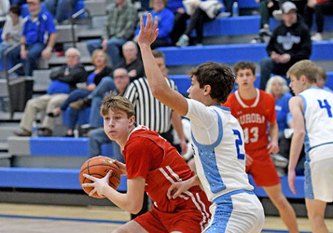 Aurora senior Graham Christenson gets poised to put up a shot during Aurora’s holiday tournament loss to Ashland-Greenwood.
