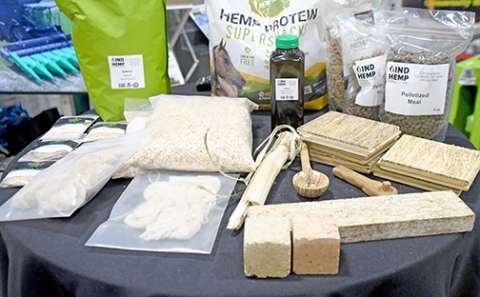 The Bish Enterprises booth at Nebraska Ag Expo in December displays various innovative products made from hemp. Two years ago the Giltner company created a fiber cut machine which is a multi-height sickle mower for the hemp stalk.