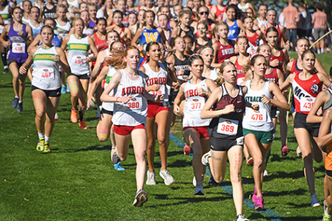 October: Aurora’s Kendal Wineteer, front left, Lexi Ericksen (middle) and Ella Eggelston were near the front of the pack at the bottom of the first hill at the Class C State Championships in October. 