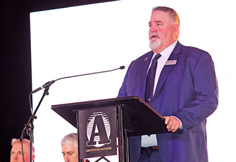 Aurora Cooperative President and CEO Chris Decker shares his management report during last week’s annual business meeting, which kicked off the company’s  summit at the Nebraska State Fairgrounds. More than 600 people attended the one-day event.