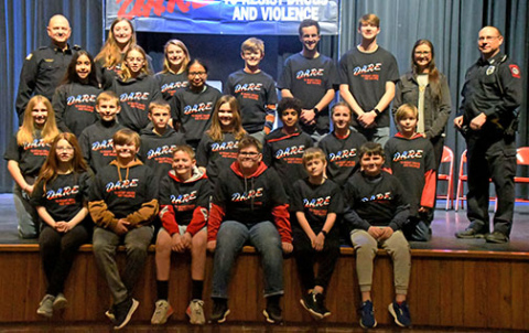 Lori Brechbill’s fifth grade class at Aurora Elementary at its D.A.R.E. graduation.