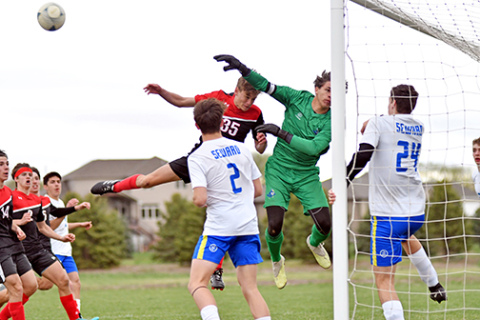 Aurora’s Ian Jensen was denied on this potential header opportunity from a Breckin Hatch corner kick early in the second half of Aurora’s 1-0 win over Seward last week. 