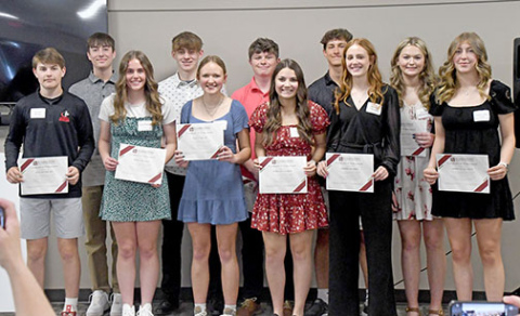 Receiving their certificates for completing their first year in Youth Engaged in Philanthropy are, from left, Keelan Phillips, Jake Cattau, Piper Oswald, Kash Majerus, Macy Miller, Bryce Joseph, Morgan Calkins, Parker Smith, Jasmine Hansen, Kennedy Kleinschmidt  and Emma Ellis-Sack. 