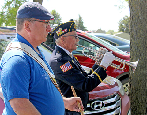 The playing of TAPS by members of the Hamilton County Band signaled the end of the Memorial Day observance at the Aurora Cemetery on Monday. Byron Paschke is the trumpeter and John Jacobs played the drum. 