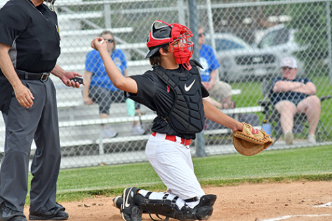 Sawyer Kiner had a big game for the Aurora Cooperative Juniors team with three hits and three RBIs along with his catching duties. 