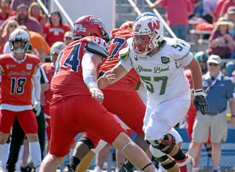 Kellen Peterson played on the defensive line for the South team in the 66th annual Shrine Bowl game in Kearney Saturday. 