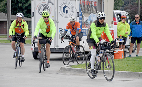 With York being the final destination for the day, cyclists from across the country made a quick stop at Casey’s in Aurora before continuing their journey. Cyclists taking off to York include from left Phil Oswald of California, Dave Burgess of Virginia, Jack Cutler of New York and Ben Wong of California.