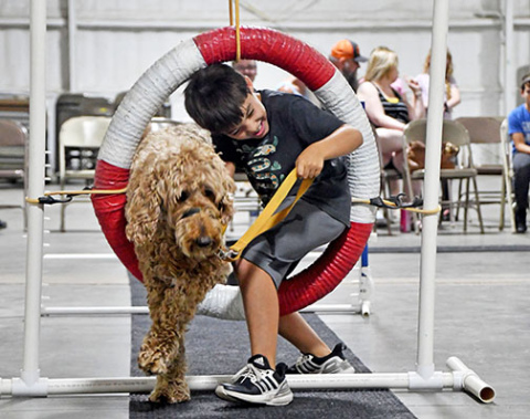 Camper Asher Heiss jumps through a hoop with furry companion, Leo, on the obstacle course that was part of the closing dog show at Edgerton’s Mars Petcare Dog Science Camp.