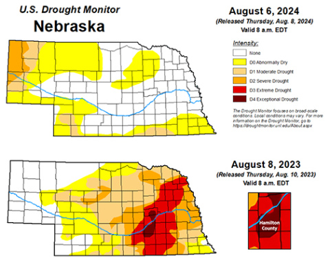 A comparison of National Drought Monitor maps from Aug. 6 of this year and Aug. 8 of 2023 shows the marked improvement in drought conditions in the eastern two-thirds of Nebraska over the past 12 months. Hamilton County went from being mostly in highest (D4) drought category last year to showing no drought at all last week. 