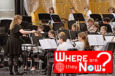 Aurora High School 2008 graduate Emily (Larson) Dykema (left) teaches concert band and jazz band at Alan B. Shepard Middle School in Deerfield, Ill.
