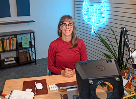 Sarah Lyon launched a blog called OT Potential back in 2011 and has since grown that into a full-blown online business by the same name. She is pictured here in the downtown studio where she and her husband, Mitchell, record podcasts focused on occupational therapy.