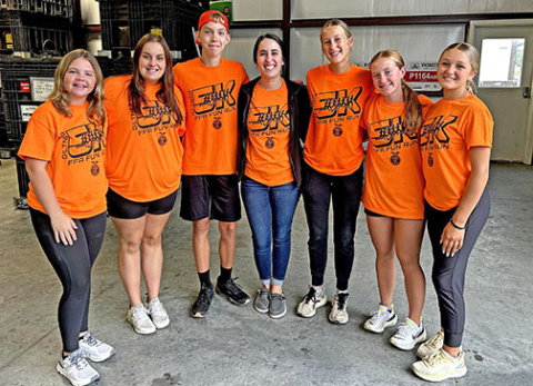 Second-year teacher Kelsey Schulte, center, helped her FFA students host their first Giltner FFA Fun Run on Saturday, Aug. 10. Pictured from left are Giltner FFA officers Karly Eastman, Kailyn Wilson, Tanner Schelkopf, Schulte, Peyton Schutt, Avery Reeson and Gracie Kreutz.