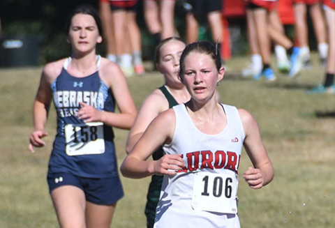 Kailey Dick runs ahead at midfield during the Central City Invite. Dick finished in 12th with a time of 22:18.