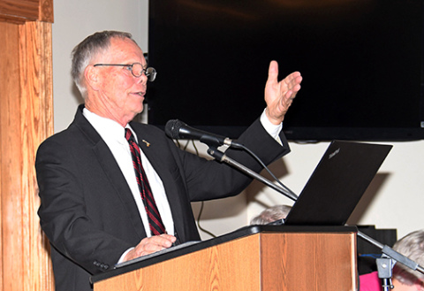 Aurora Mayor Marlin Seeman addresses a crowd of approximately 100 people Monday during a public hearing focused on the city’s proposed 2024-25 budget.