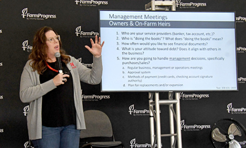 Extension economist Jessica Groskopf with the UNL Center for Ag Profitability gives a talk on Sept. 12 at Husker Harvest Days detailing how to smoothly pass along a farm business and assets to the next generation. 