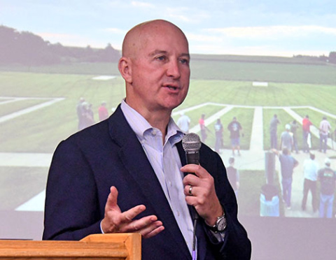 U.S. Senator Pete Ricketts speaks to Hamilton County Corn Growers at a dinner that followed the annual plot tour last Monday. He talked about the chances for a new U.S. farm bill, government regulations and the need to step up international trade efforts.  