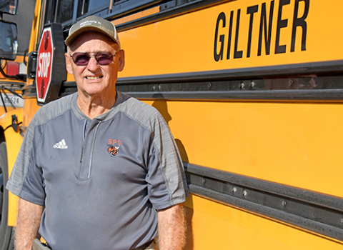 Jim Happold, 80, has been working at Giltner Public Schools for 40 years. He worked as the school’s custodian from 1984 to 2009 and has been working as one of the schools’ bus drivers since 1997.