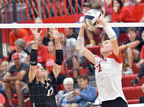 Aurora’s Hailey Hoff sets the offense for the Huskies during a four-set loss to Grand Island Northwest last week. 