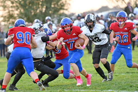 HPC’s Ayden Hans (81) and Hudson Urkoski signal Storm football after a Lawrence-Nelson fumble early in the game. Urkoski would come up with two turnovers on his own merit -- an interception and fumble recovery.  