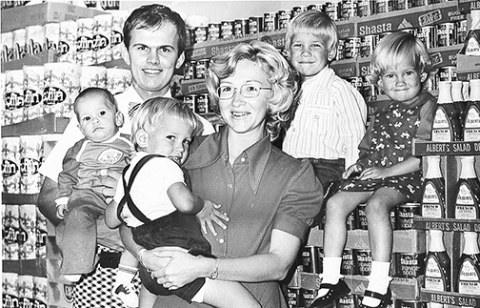 Jim and LaVonne Clarke posed for a family photo in the new Aurora store at the time of the purchase in October of 1974. Children pictured from left include Peter, Anthony, James and Amie. Youngest son Patrick was not yet born.